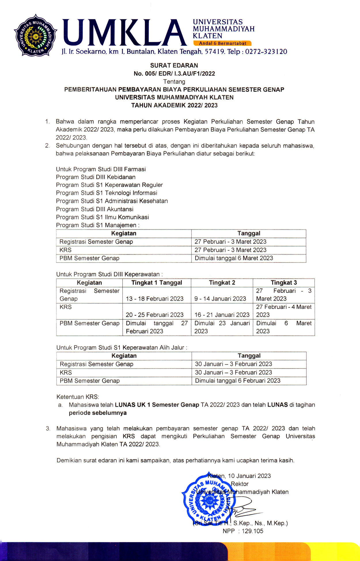 Pengumuman Pendaftaran Ulang Mahasiswa Semester Genap Tahun Akademik 2022/2023